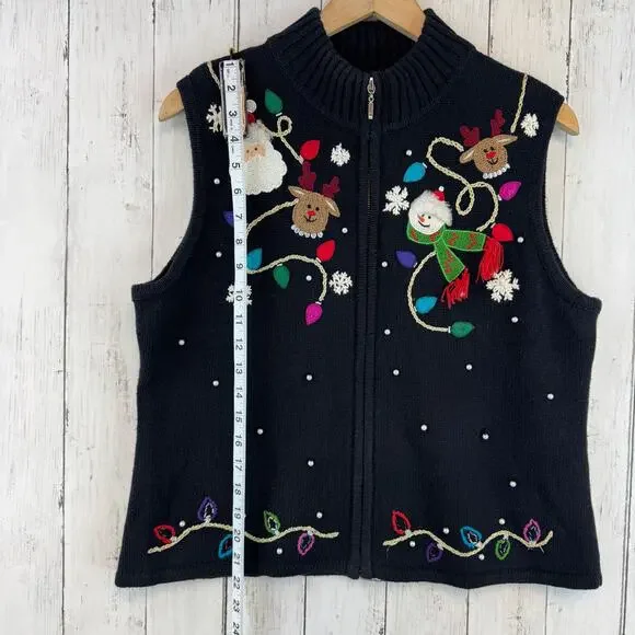 VTG Designers Originals Black Embroidered Christmas Sweater Vest Size Large - Picture 10 of 12